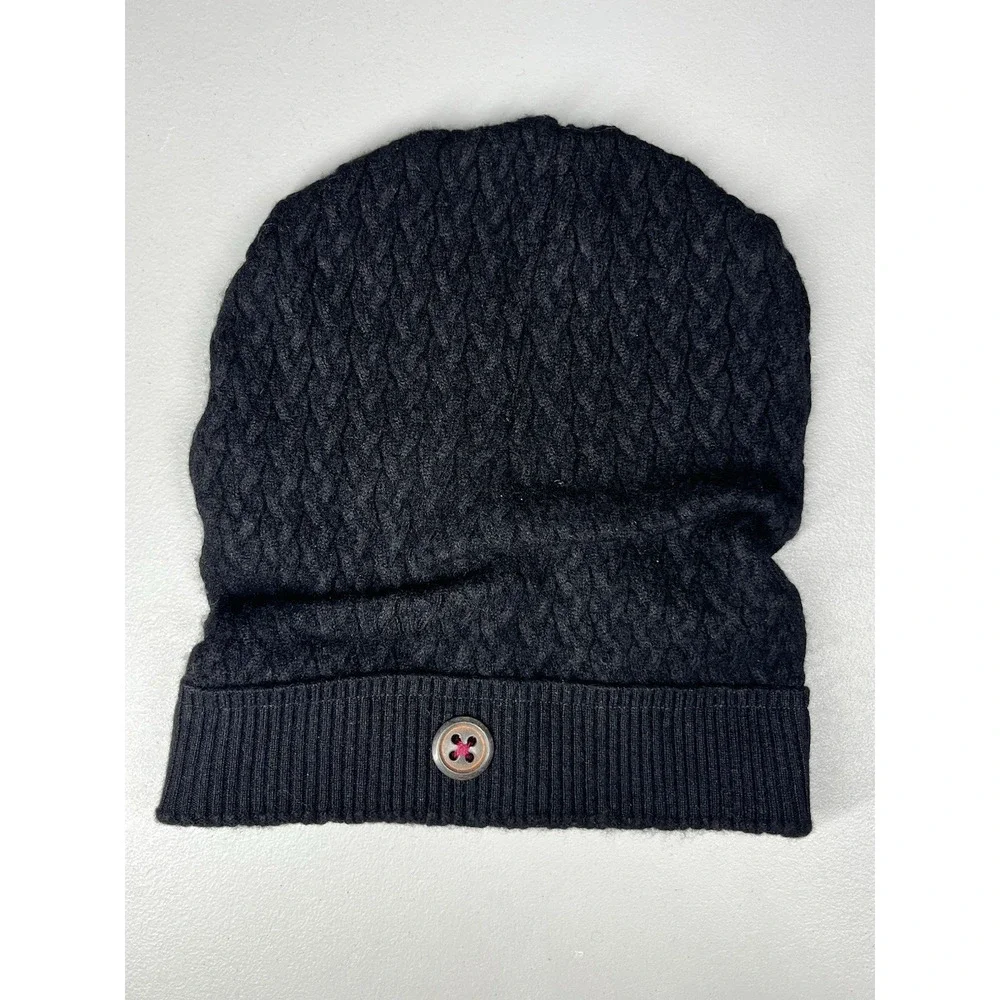 Galadriel Mattei Cashmere Slouchy Beanie Knit Hat OS Cable Knit Black Buckle USA
